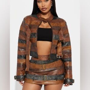 Fashion Nova Brown and Black Striped Faux Leather Jacket & Skirt